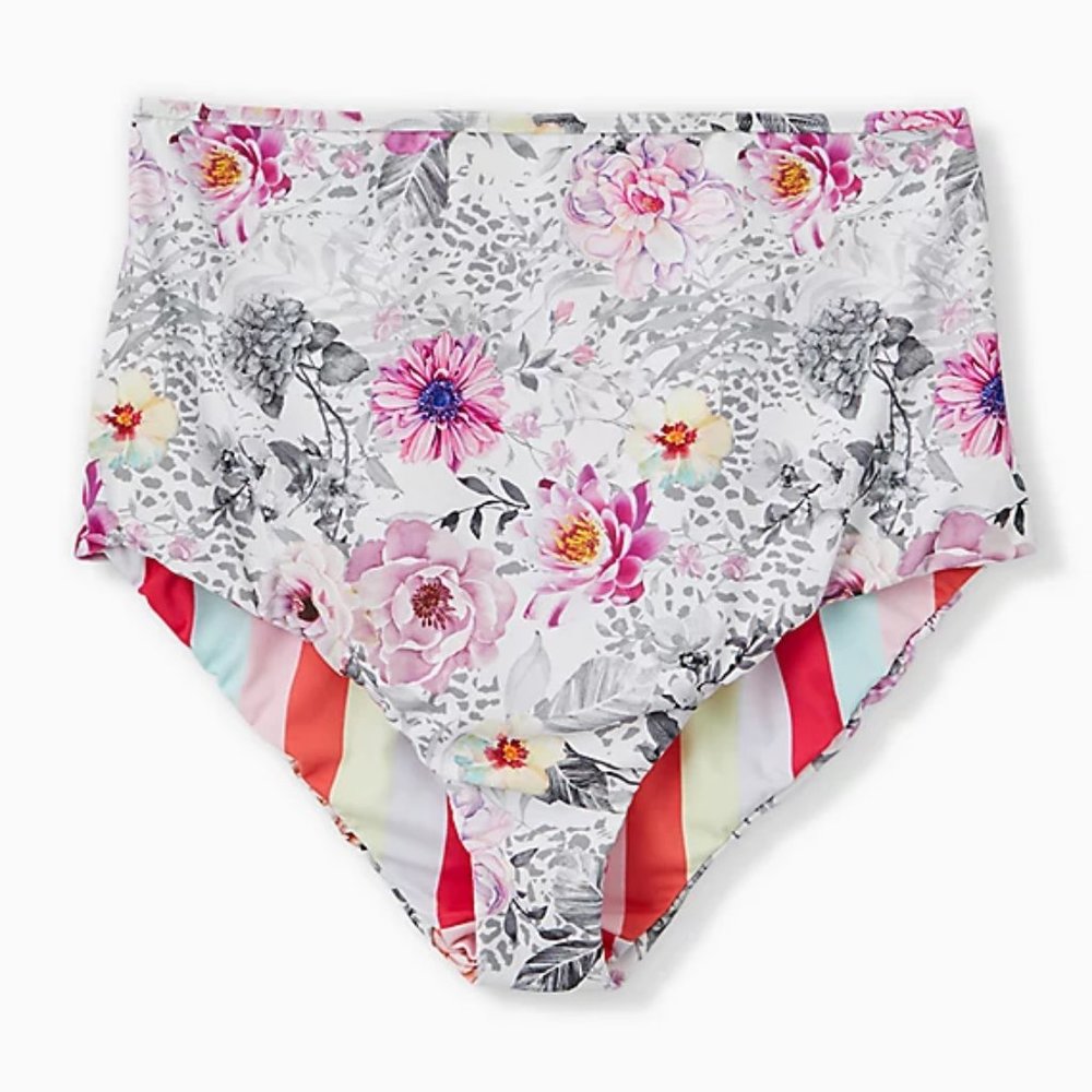 CORAL STRIPE & WHITE FLORAL REVERSIBLE HIGH WAIST
